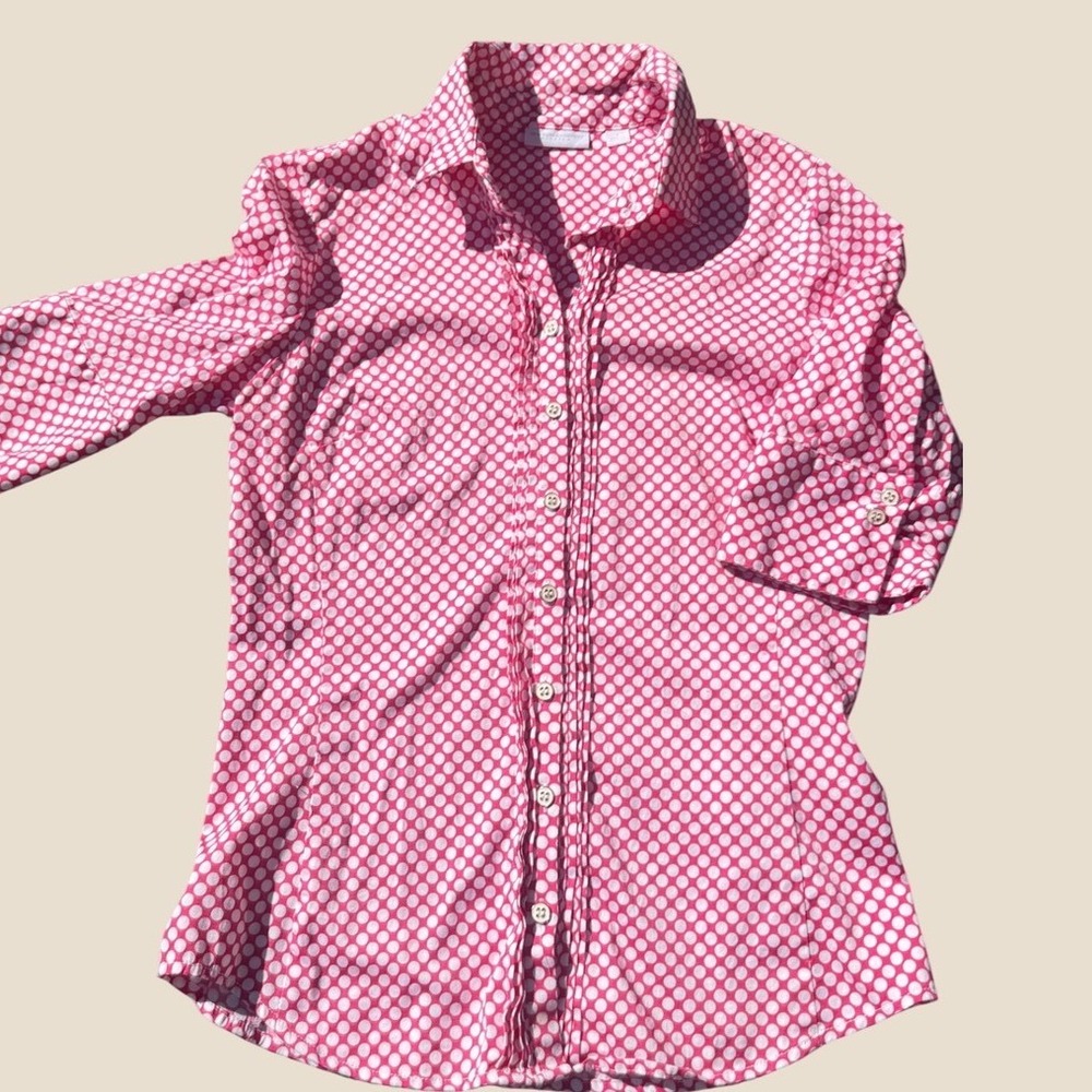 New York & Company Pink White Polka Dot Pintuck 3/4 Sleeve Blouse Small Stretch